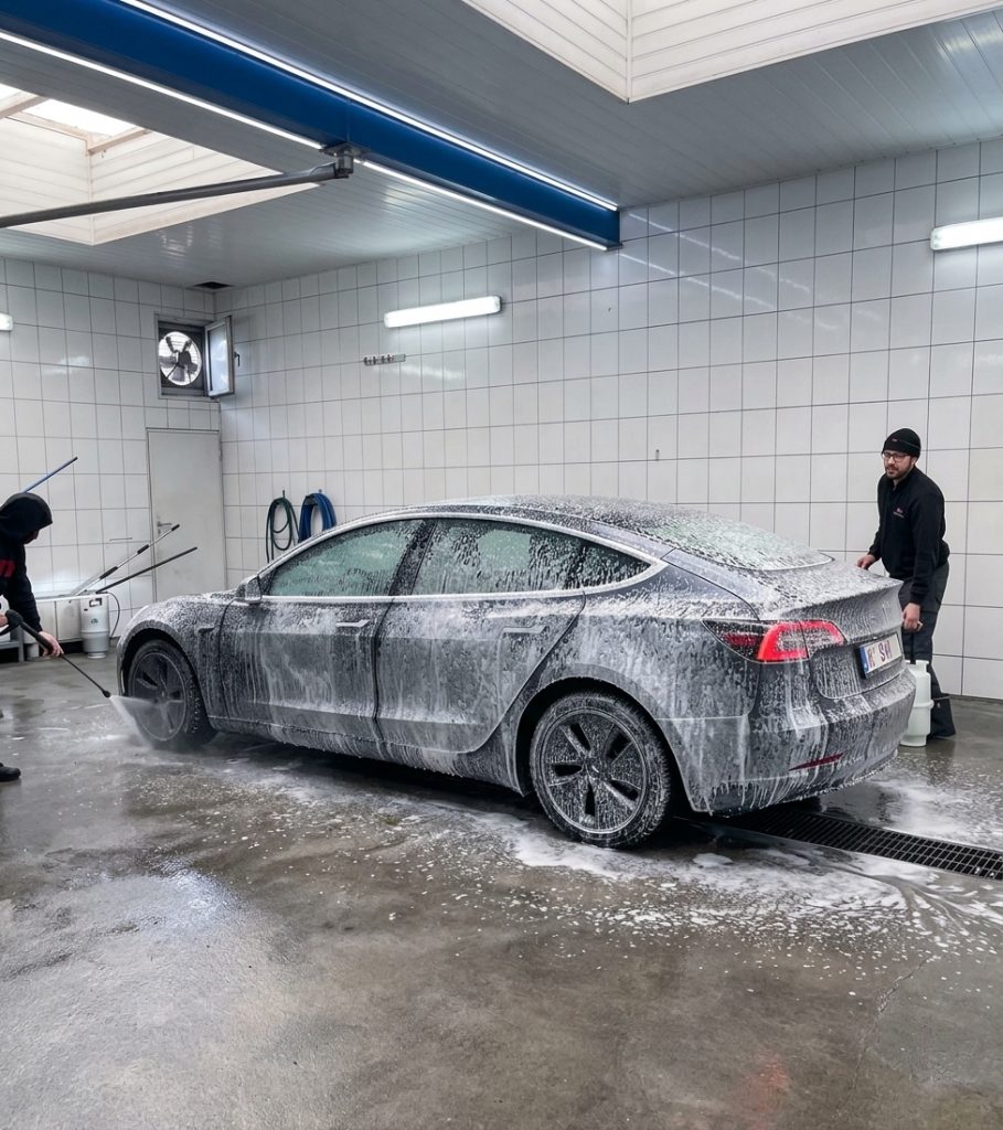 A tattooed man is washing a car, focused on cleaning the vehicle's surface with a cloth