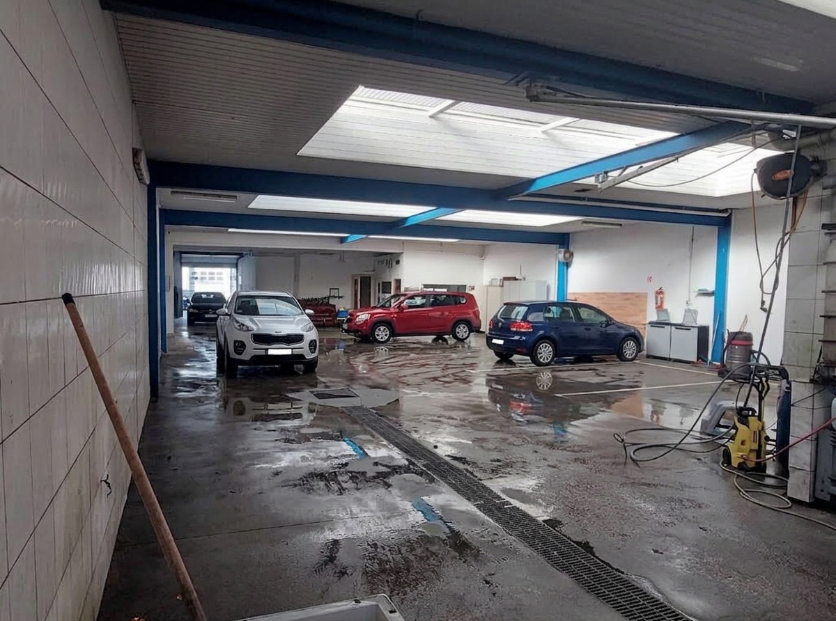 A man is cleaning the door of a car with a cloth, focusing on removing dirt and smudges